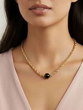 NWT Bronzoro 18K Gold Plated Rope Chain Necklace Black Enamel Magnetic Clasp